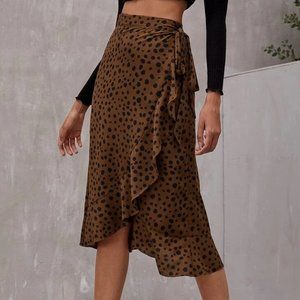 Ruffle Hem Coffee Brown Wrap Around Skirt